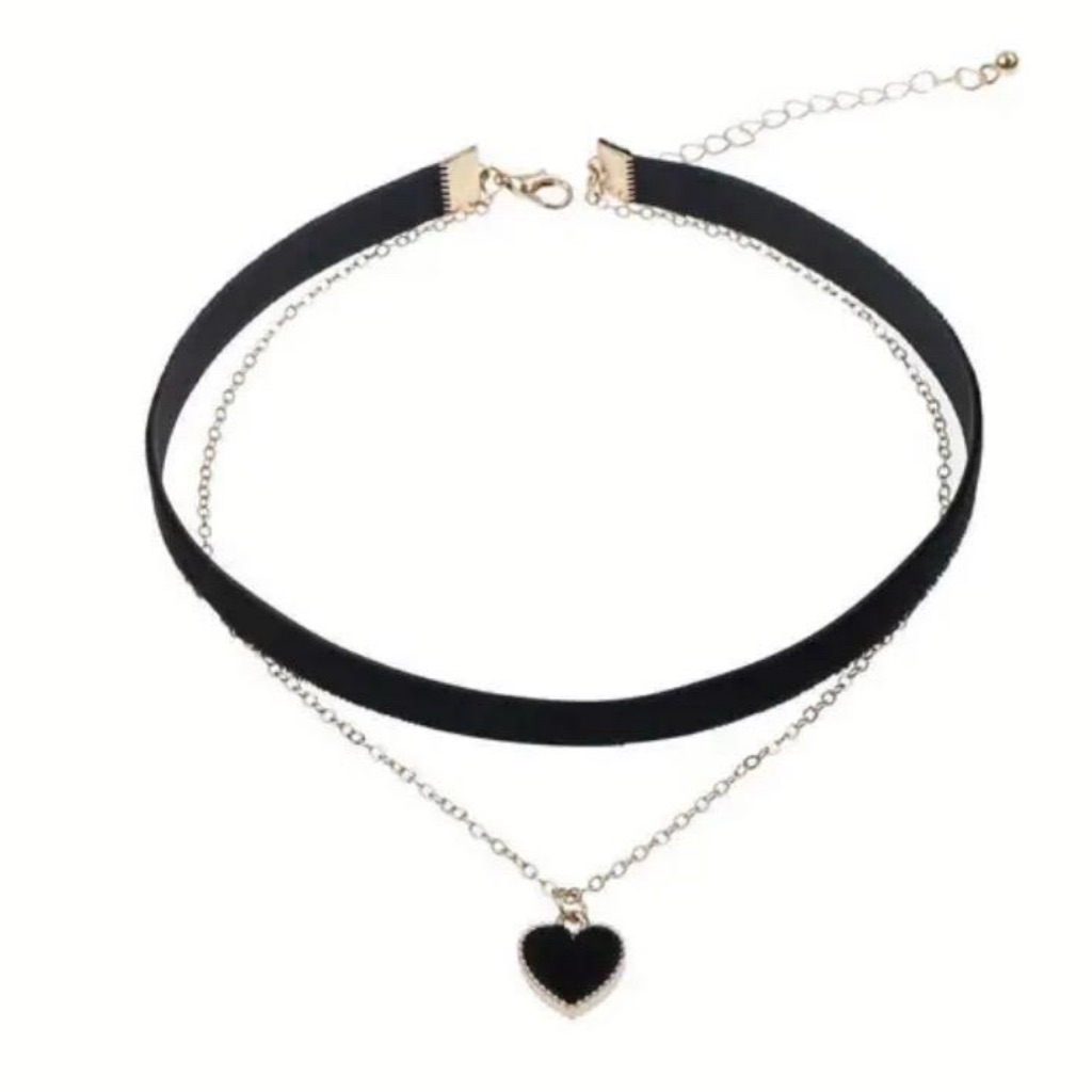 Black Heart Charm Layered Choker Necklace For Women